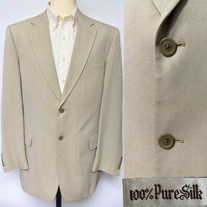 VTG 100% Silk Herringbone Blazer Men 44L Beige Two-Button Sport Coat Suit Jacket